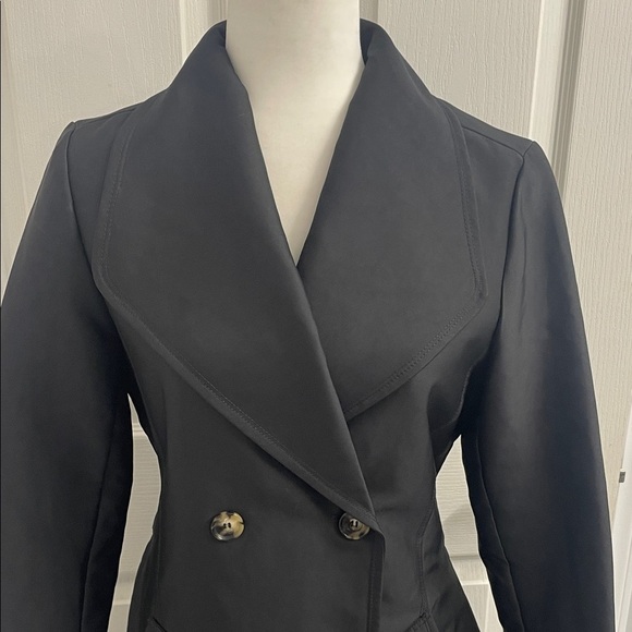 Reitmans Black Double Breasted Trench Coat Pockets & Tie Belt Nylon Sz S - Picture 3 of 16
